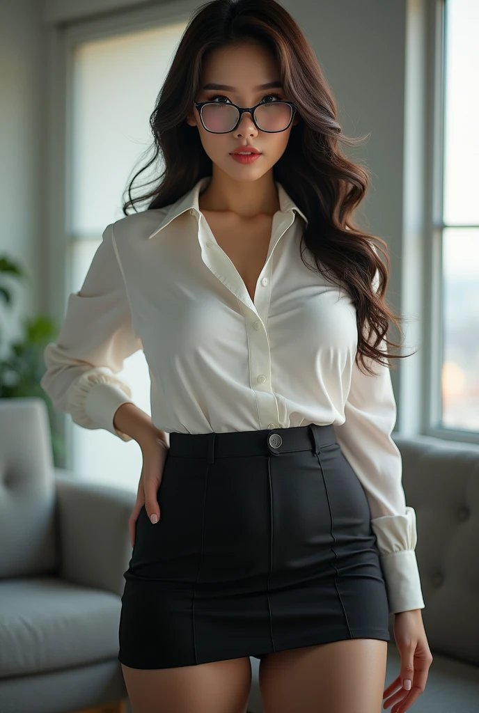 Big tits korean in glasses and button down secretary outfit that shows off her sexy tits