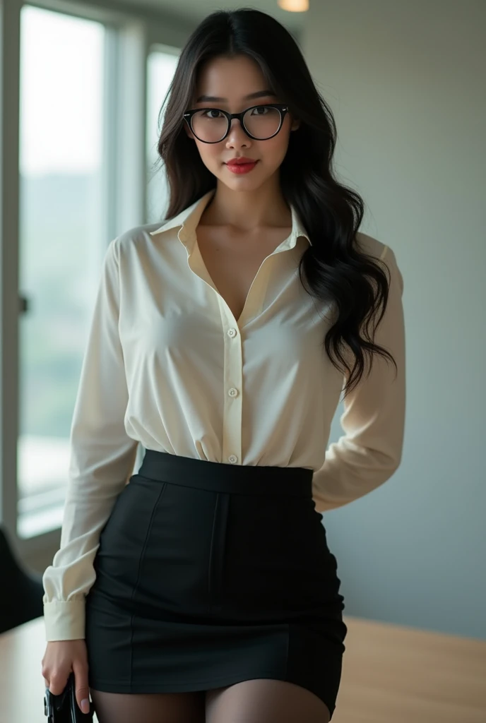 Big tits korean in glasses and button down secretary outfit that shows off her sexy tits
