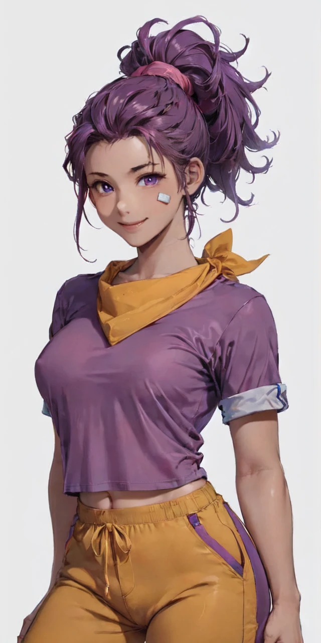 /shelly/, anime, 1girl, large breasts, tanned skin, smile, purple hair, big ponytail, purple eyes, bandaid on cheek, pink t-shirt, pants, yellow bandana, looking at viewer, standing, white background