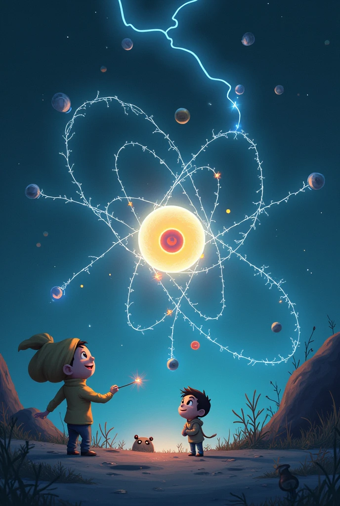 mages: Electron is now close to Chlorine (Cl), demonstrating how to capture an electron. Electron reaches out, releasing a small spark of energy that symbolizes the donation of the electron. Chlorine, initially surrounded by static electricity, slowly begins to glow softly, symbolizing stabilization after receiving the electron. Proton is next to Electron, watching closely, with a smile of approval. Neutron remains calm, observing the process with an analytical eye, representing neutrality and balance within the atom.