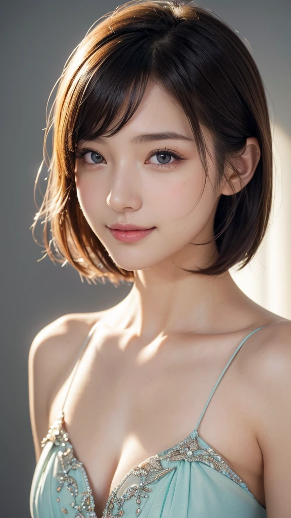 1 girl, (Wearing colorful stage costumes:1.2), Very beautiful Japanese idol portraits, Face close-up, (RAW Photos, highest quality), (Realistic, Realistic:1.4), (masterpiece), Very delicate and beautiful, Very detailed, 2k wallpaper, wonderful, finely, Very detailed CG Unity 8K wallpaper, Very detailed, High resolution, Soft Light, Beautiful detailed girl, Very detailedVery detailed eyes and face, Beautiful and sophisticated nose, Finely beautiful eyes, Cinema Lighting, (Simple light color background:1.3), (short hair), (Bob), Complete Anatomy, Slender body, Small breasts, smile