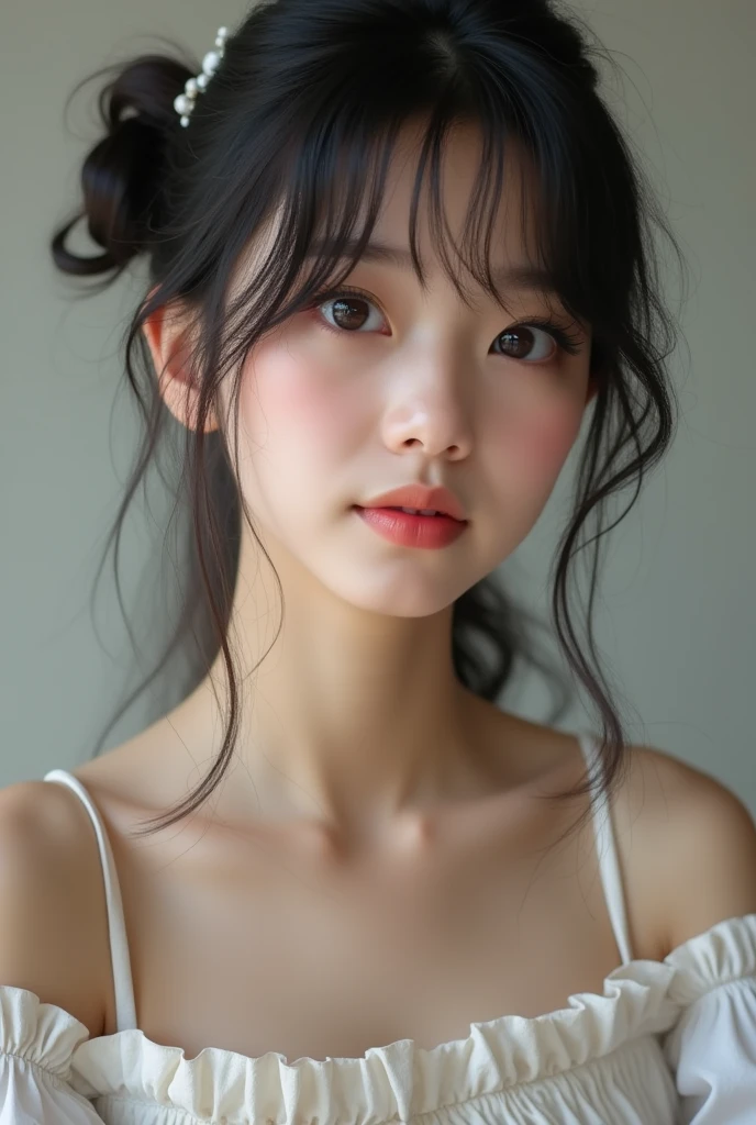 ((Highest quality, 8k,  masterpiece :1.3)), (Reality Photos:1.37)、Very detailed、Ultra-high resolution, ((From the side:1.2、From below)),((Full body photo)),Small breasts、Perfect Face、Beautiful expression、Beautiful Face、Beautiful Eyes、1 high school girl、乃木坂系beautiful girl:1.4,beautiful girl、Beautiful black hair、(Naked Apron:1.2、The shoulder straps are slipping and falling off.、Shoulders exposed:1.3,Short frill apron、White string buns）、明るいキッチンに立つbeautiful girl、Embarrassing expression、Blushing