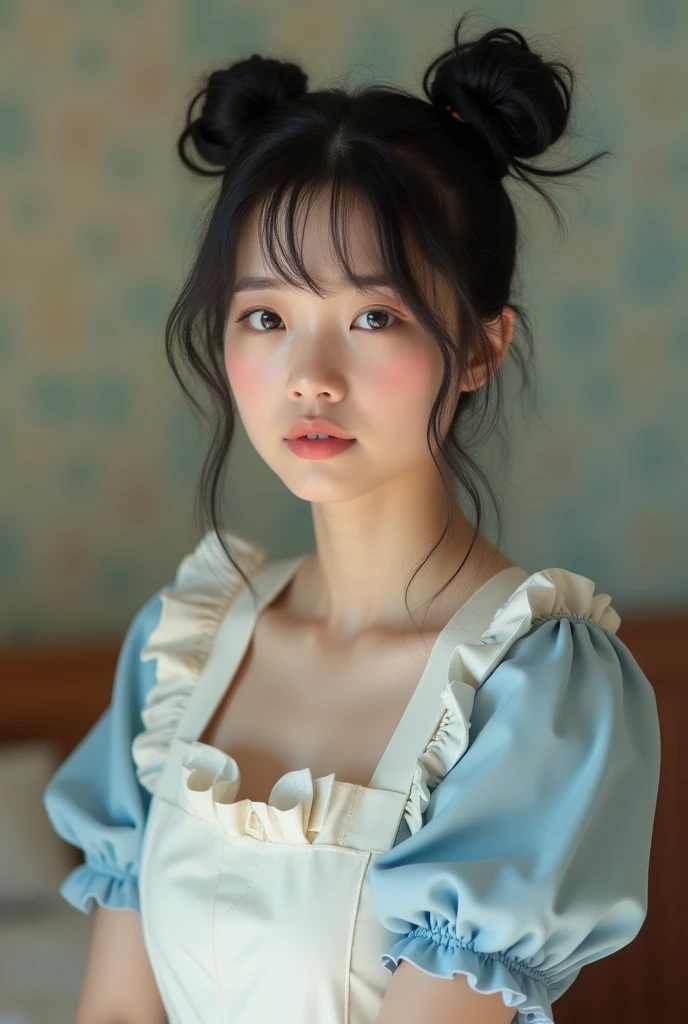 ((Highest quality, 8k, masterpiece :1.3)), (Reality Photos:1.37)、Very detailed、Ultra-high resolution, ((From the side:1.2、From below)),((Full body photo)),Small breasts、Perfect Face、Beautiful expression、Beautiful Face、Beautiful Eyes、1 high school girl、乃木坂系beautiful girl:1.4,beautiful girl、Beautiful black hair、(Naked Apron:1.2、The shoulder straps are slipping and falling off.、Shoulders exposed:1.3,Short frill apron、White string buns)、明るいキッチンに立つbeautiful girl、Embarrassing expression、Blushing