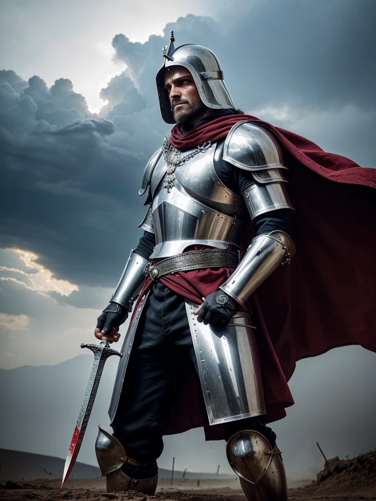 "Create a striking image of a medieval Christian crusader warrior standing tall in a powerful and defiant pose. He is fully armored in intricately detailed chainmail, with a polished steel breastplate that gleams in the light. Over his armor, he wears a white surcoat with a prominent red cross, slightly worn and dirtied from battle. His helmet, adorned with a plume of crimson feathers, has a narrow eye slit that reveals his fierce, determined gaze.

The crusader holds a massive, double-edged sword raised high above his head with both hands, the blade crackling with divine energy as if blessed by a higher power. His stance is wide and strong, with one foot slightly forward, digging into the blood-stained earth, signifying his readiness for battle. His shield, also bearing the red cross, is strapped to his back, its surface battered from previous conflicts.

The background is an epic battlefield scene under a turbulent sky, with dark, stormy clouds swirling above, pierced by rays of holy light that focus on the crusader, highlighting him as the chosen warrior of faith. In the distance, a towering castle stands, partially in ruins, with smoke rising from it, indicating a fierce siege. Around him, the remnants of a brutal battle are evident, with fallen enemies and broken banners scattered across the field. The air is thick with the tension of an ongoing struggle, but the crusader stands as an unyielding symbol of divine justice and unshakeable faith.