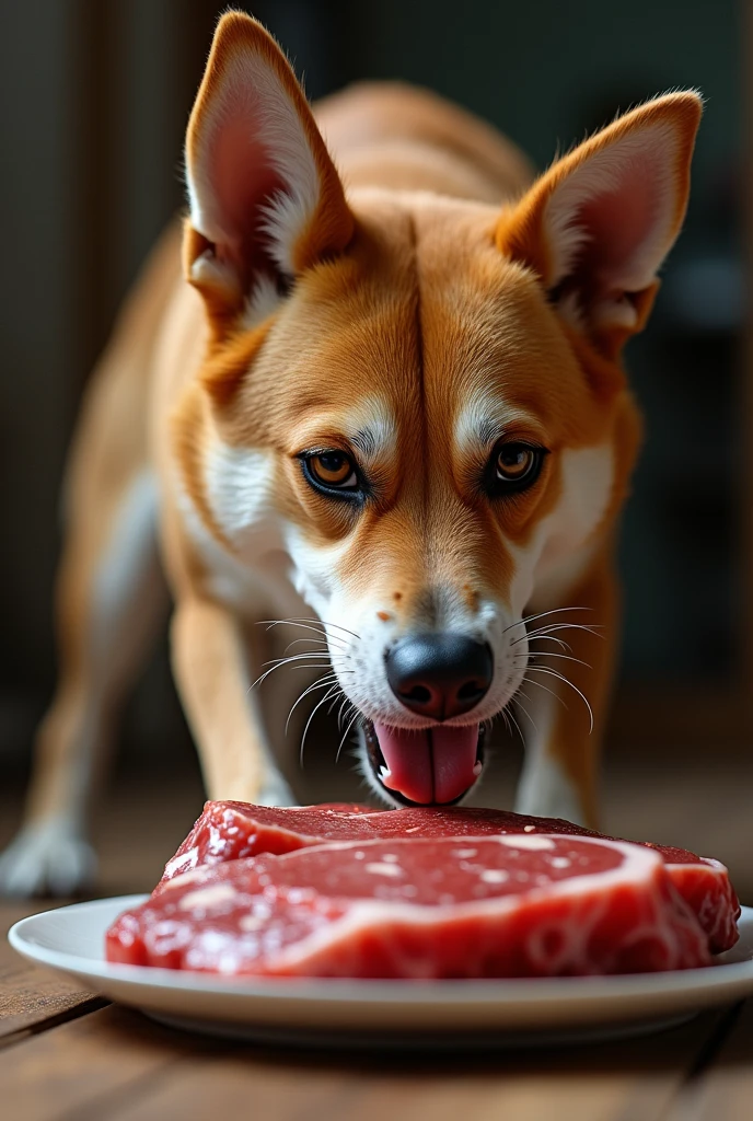The dog ate the meat placed in front of him