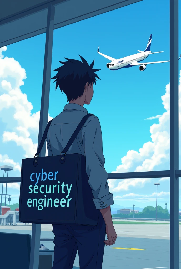 Cyber security engineer is in airport watching plane flying with his bag
In his dress back side it's written Cyber security engineer
Matched with his dress colour
Anime character
Good hairstyle