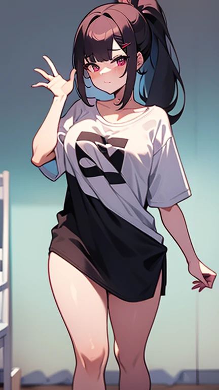 High tail hairstyle,  ponytail hairstyle, Ponytail hairstyle,white hair, Long wavy black hair, standing posando, anime girl style, pixel art anime style,penetrating look with deep eyes,red and purple eyes, hair with a ponytail hairstyle trapped with a big red bun, women, red hair clips, x color shaped hair clips , smiling face blush, next to his bed, Black hair, thighs grandes, NSFW, from below, neckline, looking at the viewer, lascivious smile, ((oversized t-shirt)), off the shoulders, without pants, washing machines, thighs, ((White T-shirt)), standing, hands on the hips,Hair down to the back, thighs grande, big ass  