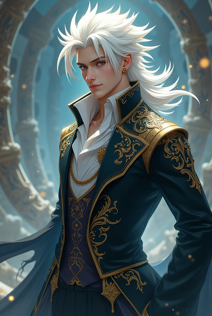 A man with fantasy clothes and with white hair full body all sides anime 