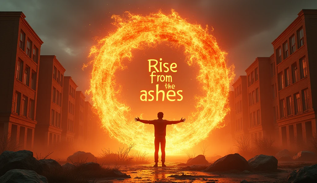 "Generate an ultra-realistic, ultra-3D thumbnail featuring the character standing with their arms outstretched, as if embracing the future. Behind them, the abandoned university campus is shown in vivid detail—crumbling buildings, shattered glass, and overgrown paths. The character should be enveloped in a swirling vortex of fiery energy, with glowing embers and phoenix-like flames rising around them, symbolizing rebirth. The lighting should be intensely dramatic, with deep shadows contrasting against the fiery glow. The text 'RISE FROM THE ASHES' should arc above the character in massive, 3D, flame-textured letters, with the flames subtly animated to appear alive and dynamic, giving the thumbnail an explosive, attention-grabbing look."
