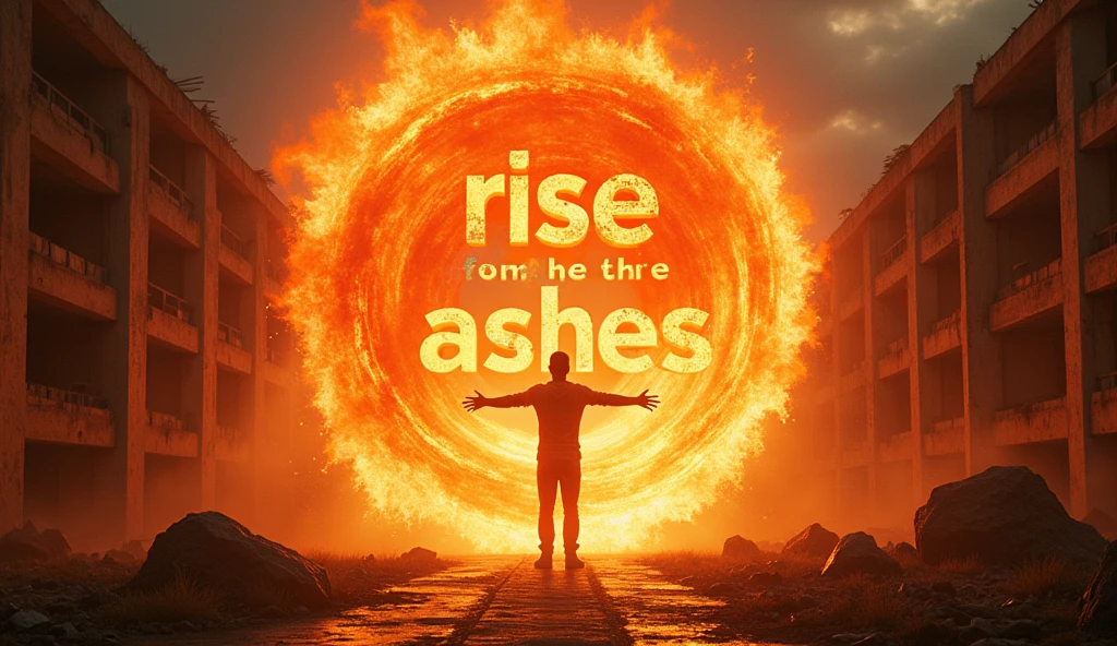 "Generate an ultra-realistic, ultra-3D thumbnail featuring the character standing with their arms outstretched, as if embracing the future. Behind them, the abandoned university campus is shown in vivid detail—crumbling buildings, shattered glass, and overgrown paths. The character should be enveloped in a swirling vortex of fiery energy, with glowing embers and phoenix-like flames rising around them, symbolizing rebirth. The lighting should be intensely dramatic, with deep shadows contrasting against the fiery glow. The text 'RISE FROM THE ASHES' should arc above the character in massive, 3D, flame-textured letters, with the flames subtly animated to appear alive and dynamic, giving the thumbnail an explosive, attention-grabbing look."