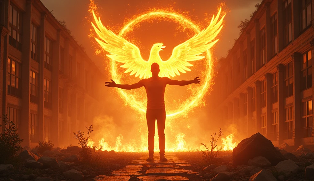 "Generate an ultra-realistic, ultra-3D thumbnail featuring the character standing with their arms outstretched, as if embracing the future. Behind them, the abandoned university campus is shown in vivid detail—crumbling buildings, shattered glass, and overgrown paths. The character should be enveloped in a swirling vortex of fiery energy, with glowing embers and phoenix-like flames rising around them, symbolizing rebirth. The lighting should be intensely dramatic, with deep shadows contrasting against the fiery glow. The text 'RISE FROM THE ASHES' should arc above the character in massive, 3D, flame-textured letters, with the flames subtly animated to appear alive and dynamic, giving the thumbnail an explosive, attention-grabbing look."
