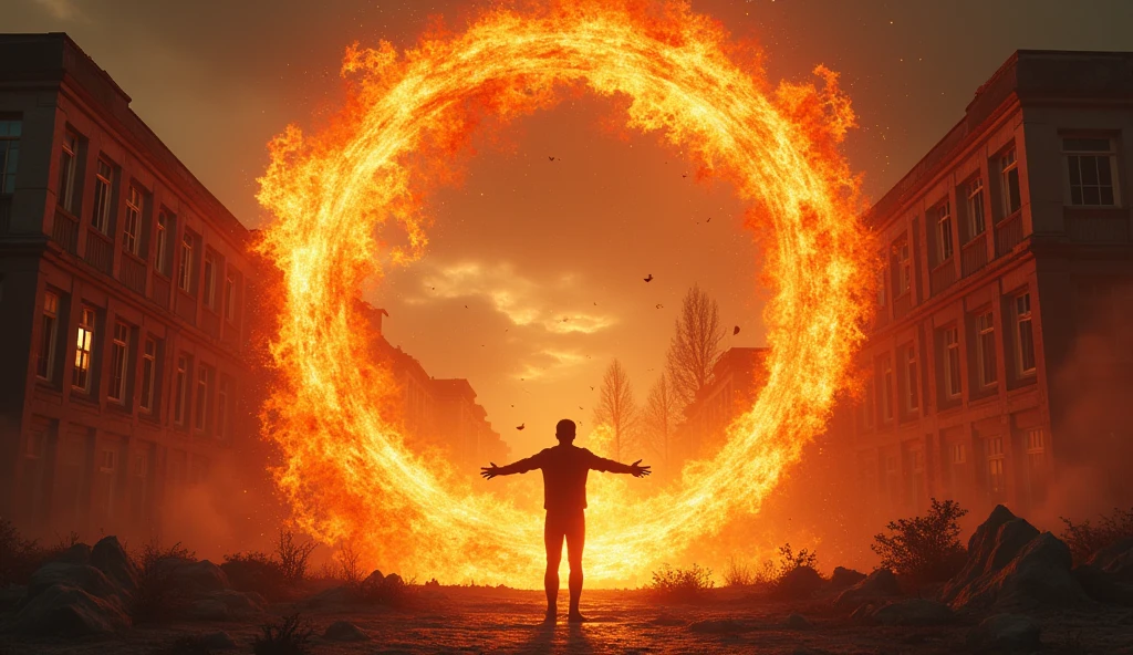 "Generate an ultra-realistic, ultra-3D thumbnail featuring the character standing with their arms outstretched, as if embracing the future. Behind them, the abandoned university campus is shown in vivid detail—crumbling buildings, shattered glass, and overgrown paths. The character should be enveloped in a swirling vortex of fiery energy, with glowing embers and phoenix-like flames rising around them, symbolizing rebirth. The lighting should be intensely dramatic, with deep shadows contrasting against the fiery glow. The text 'RISE FROM THE ASHES' should arc above the character in massive, 3D, flame-textured letters, with the flames subtly animated to appear alive and dynamic, giving the thumbnail an explosive, attention-grabbing look."