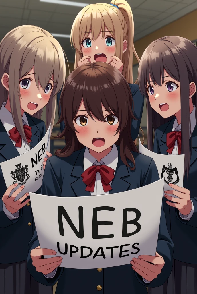 Girls shocking with marksheet. Also write "NEB Updates" in marksheets papper.