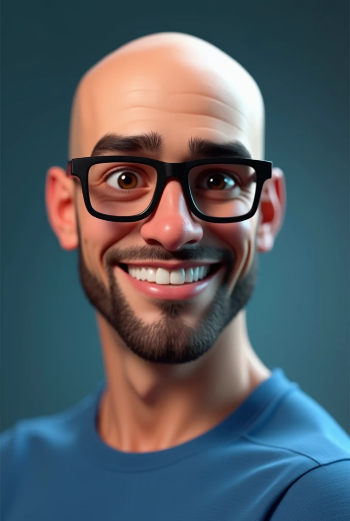 Personnage de dessin animé d'un homme chauve avec une barbe très courte, parfaitement taillée et soignée, portant des lunettes noires et rectangulaires ainsi qu'une chemise bleue. Le personnage est stylisé en 3D avec un rendu Arnold Maya et un rendu 3D stylisé. Il est présenté en gros plan, avec la tête légèrement tournée et le regard directement dirigé vers l'objectif, affichant une expression à la fois très sérieuse et souriante, évoquant le style d'une photo de portrait professionnel.

Le personnage a un physique sportif mais pas excessivement musclé, suggérant une forme physique active et en bonne santé sans être trop imposant.

Le fond est un dégradé vertical, avec la couleur #52b2d1 en haut de l'image se fondant en #b0f1fc vers le bas, créant un contraste harmonieux et mettant en valeur le personnage. Le rendu est dans le style Pixar, avec un bokeh subtil, une qualité maximale, une peau et une texture détaillées en 8k. L'éclairage cinématographique et la netteté accentuent les détails du personnage, mettant particulièrement en valeur ses lunettes rectangulaires, sa barbe très courte et soigneusement taillée, et son physique sportif.