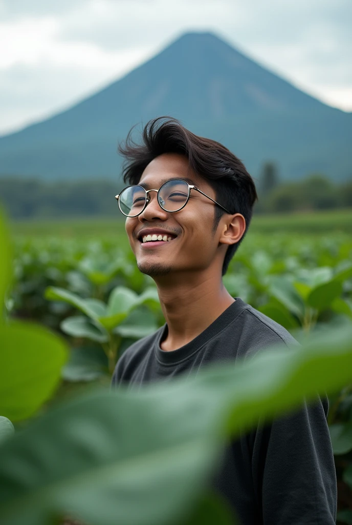Young man aged 30 years, man, half body visible, Cool, wearing transparent glasses, Mount Merbabu background with lots of tobacco, smile, original
