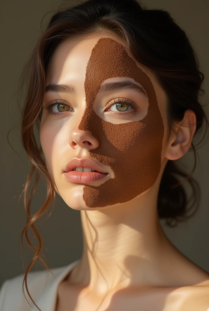 Real female model creative and aesthetic shoot with applied coffee face mask on half face