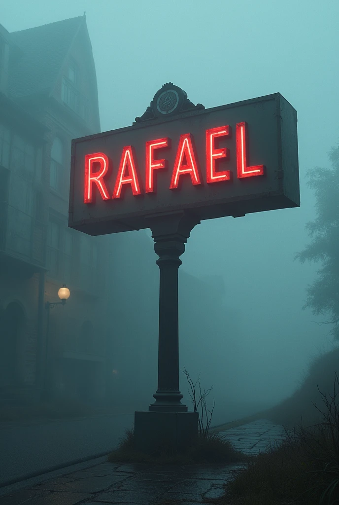 Generate an image of a large, intriguing sign from &#39;Rafael.', shrouded in a sense of mystery. The sign stands out against a backdrop of, creeping fog, emphasizing his imminent presence. The periodic absence of light and shadow suggests that the environment is full of suspense and secrecy.. Despite the arcane atmosphere, the signal remains clear and welcoming, intriguing passersby with its promise of future surprises.