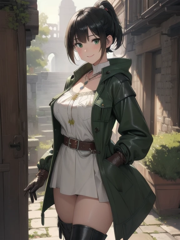 ((extremely detailed 8k illustration)), highres, (extremely detailed and beautiful background), ultra detailed painting, professional illustrasion, Ultra-precise depiction, Ultra-detailed depiction, (beautiful and aesthetic:1.2), HDR, (depth of field:1.4), colorful, vivid, beautiful detailed glow light particles, intricate:1.4, nice hands, perfect hands, (young girl), ((kawaii)), (highly detailed beautiful face and eyes, big breasts, firm breasts), oily skin, ((black hair,black eyes, (bob with short ponytail hair))), thin pubic hair, cute lovely, cheerful disposition, bashful, smile sweetly, full body, thick thighs, (((A sturdy green travel coat))), ((silver breastplate)), sturdy tunic, (leather gloves), (Leather boots), ((leather belt:1.2 with pocket:1.1)), A necklace adorned with magic stones, old ruins