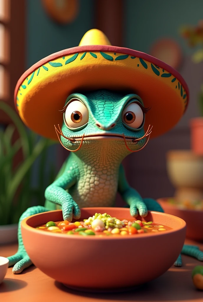 a 3d render of (a cute cartoon Chameleon character with chameleon head), (with (a big mexican sombrero on its head) and (a fake mustache)), eating pozoleon a bowl, split lighting, colorful, vibrant, masterpiece
