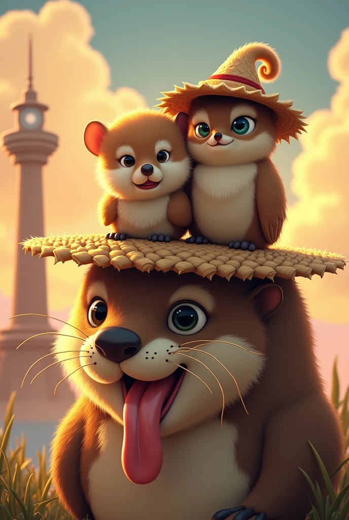 Otter and owl with straw hat sitting on a mimic with tongue hanging out. Background sunrise with a tower