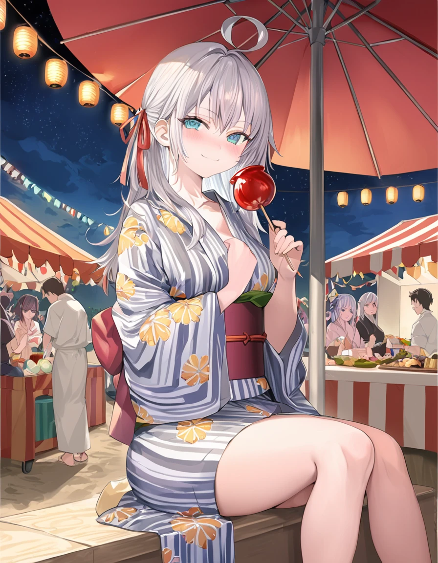 alisa mikhailovna kujou,tokidoki bosotto roshia-go de dereru tonari no arya-san, masterpiece, ultra-high-quality illustration, 16k resolution, intricate and delicate details, Japanese anime style, Alya Kujou, Alisa Mikhailovna Kujo, vibrant summer festival, colorful food stalls, glowing paper lanterns, crowded with cheerful festival-goers, starry night sky, no clouds, bright stars, clear weather, eating candy apple, delighted smile, large expressive eyes, detailed facial features, soft and flawless fair skin, and slim figure, silver hair, silky and fine hair strands, traditional summer yukata, elegant design, natural beauty, no accessories, charming and warm smile, captivating gaze, graceful and poised, artistic composition, emotionally resonant