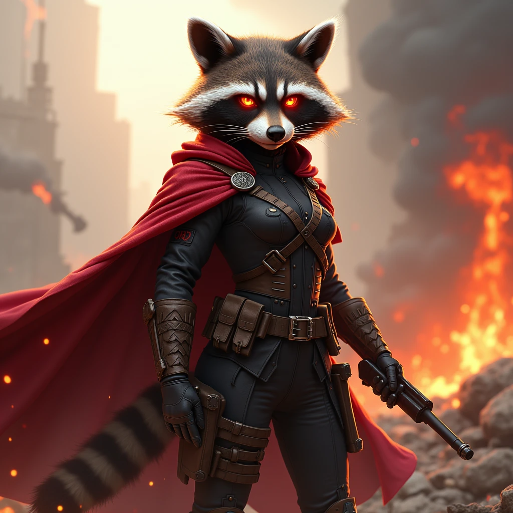 a female raccoon with flaming eyes in a female uniform with a cape in a war zone holding a powerful shooting weapon exuding a victorious red aura