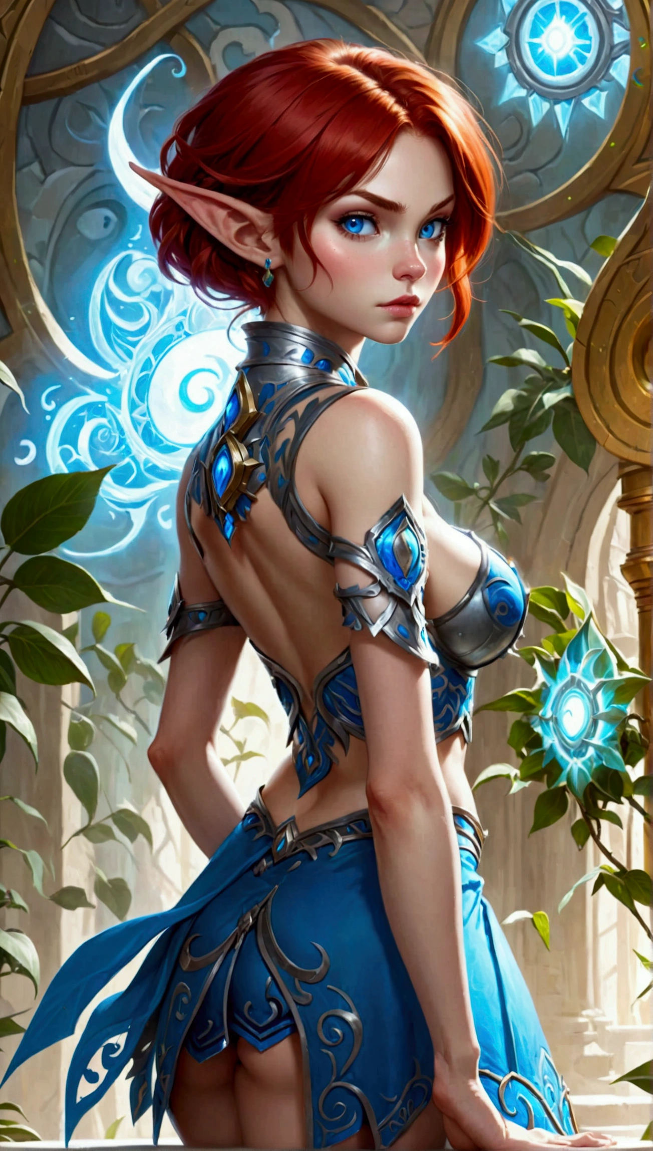 A (((full-body))), ((ultra-detailed)), ((masterpiece)) fantasy art illustration of a ((World of Warcraft)) character, in the style of the video game. She is a beautiful, young, female ((human)) with short red hair and blue eyes. She has small round ears. She has exquisite caucasian features and ((very pale)) ((milky-white skin)). She has a ((very slim body)), with a tiny waist and skinny limbs, but her ((breasts are huge and round)), and look far too big for her slender little body. She is wearing only a skimpy blue top that reveals significant cleavage, and a very short skirt that leaves her ((very thin thighs)) completely bare. She is standing in a provocative pose that shows off her ((skinny legs)) and ((bare feet)). Her (((whole body from head to toe))) is shown.