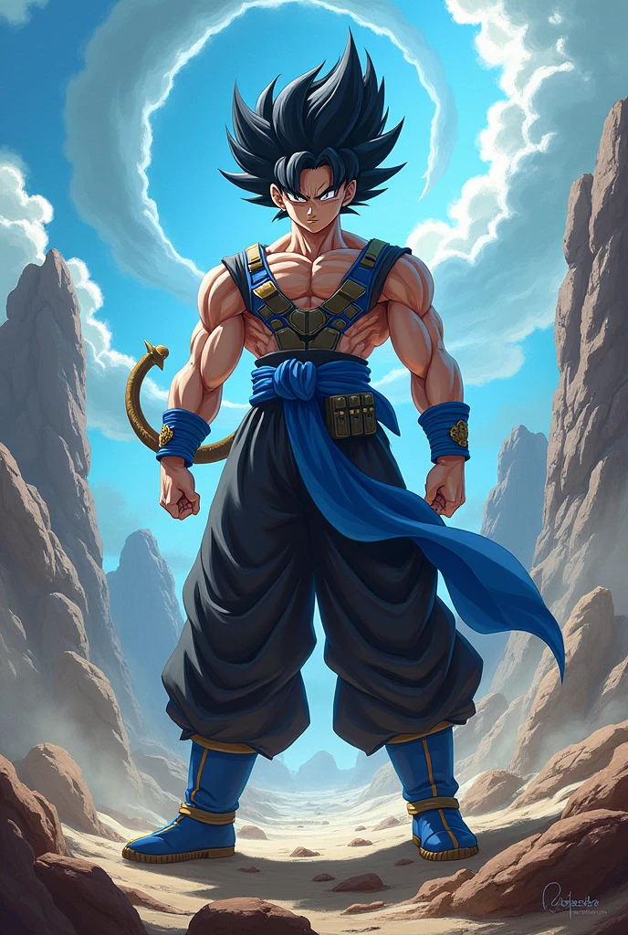 Creates a Saiyan with short hair wearing a blue and black outfit