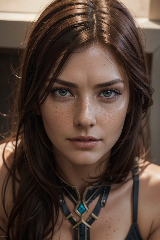 a woman with dark auburn hair, cleavage, kneeling, pov from above, close up, detailed facial features including dimples and freckles, photorealistic, 8k, highly detailed, fantasy art, dramatic lighting, moody color palette