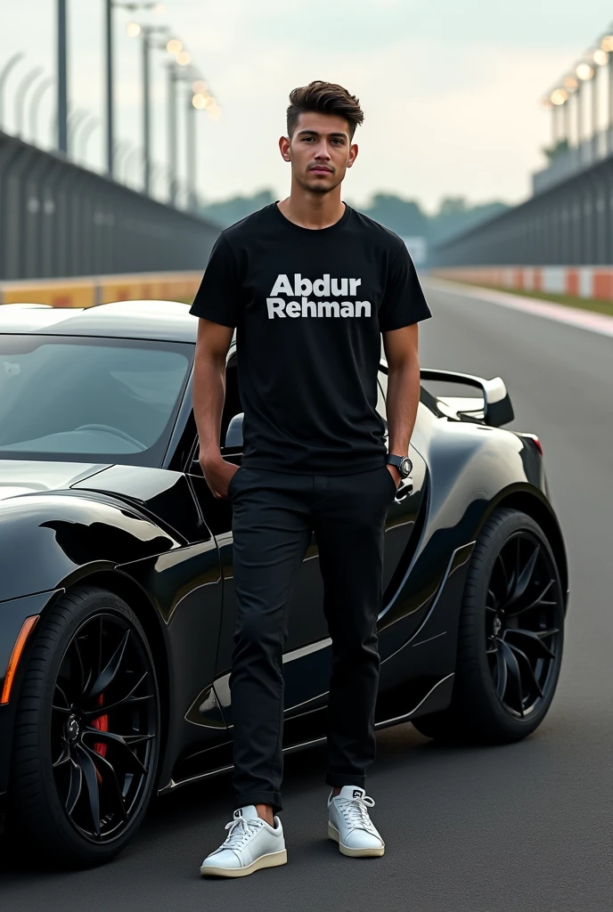 One young guy stand inside Black supra and Abdur Rehman Name Printed On His T shirt And Have Black Tshirt And Black Pant With White Sports shoes And Background Is Racing Track And Guy Have Fade Hairstyle 
