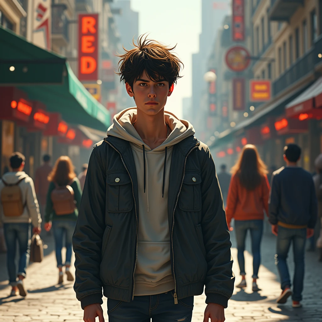 A teenage man walking on street, staring in front, serious face, have lovey-dovey couples on background, have title text on top says "REDE", dynamic street background