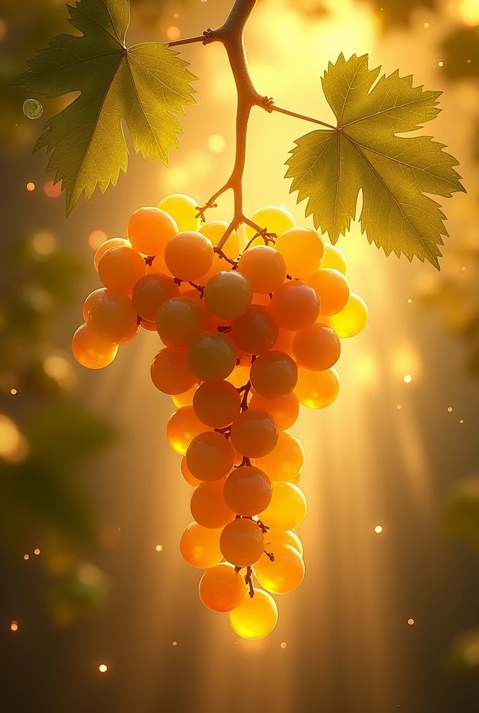 fancy, detailed, award-winning photo, UHD, 8k, realist, a bunch of grapes, mystic, divine, stem down. golden background, golden background light, light makes the grapes transparent, It branches into green laurel leaves, small leaves, estate, wheat leaves, golden aura, celestial, golden steam, floating, grapes own light, bay leaves. golden steam oro.