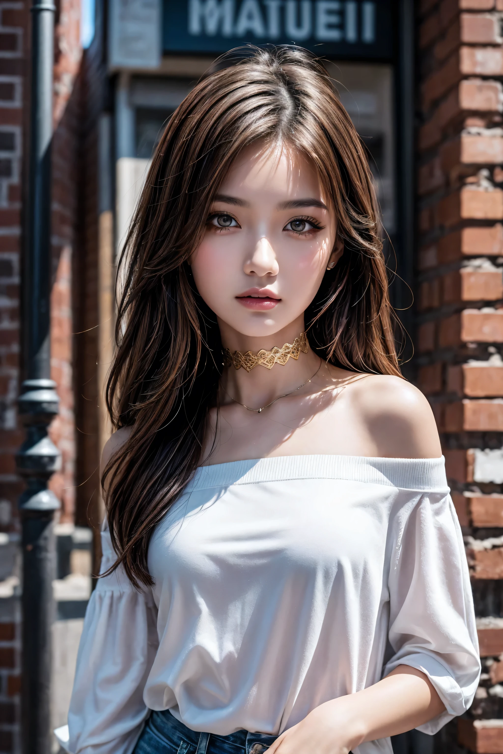 ultra realistic 8k cg, masterpiece, ((ultra detailed background, delicate pattern, intricate detail)), best quality, intricate details, chromatic aberration, 1girl, long hair, golden hair, messy hair, red highlights, hair over one eye, sharp eyes, choker, brick wall, graffiti, dim lighting, alley, oversized shirt,off shoulder, see through white shirt, Masterpiece, best quality