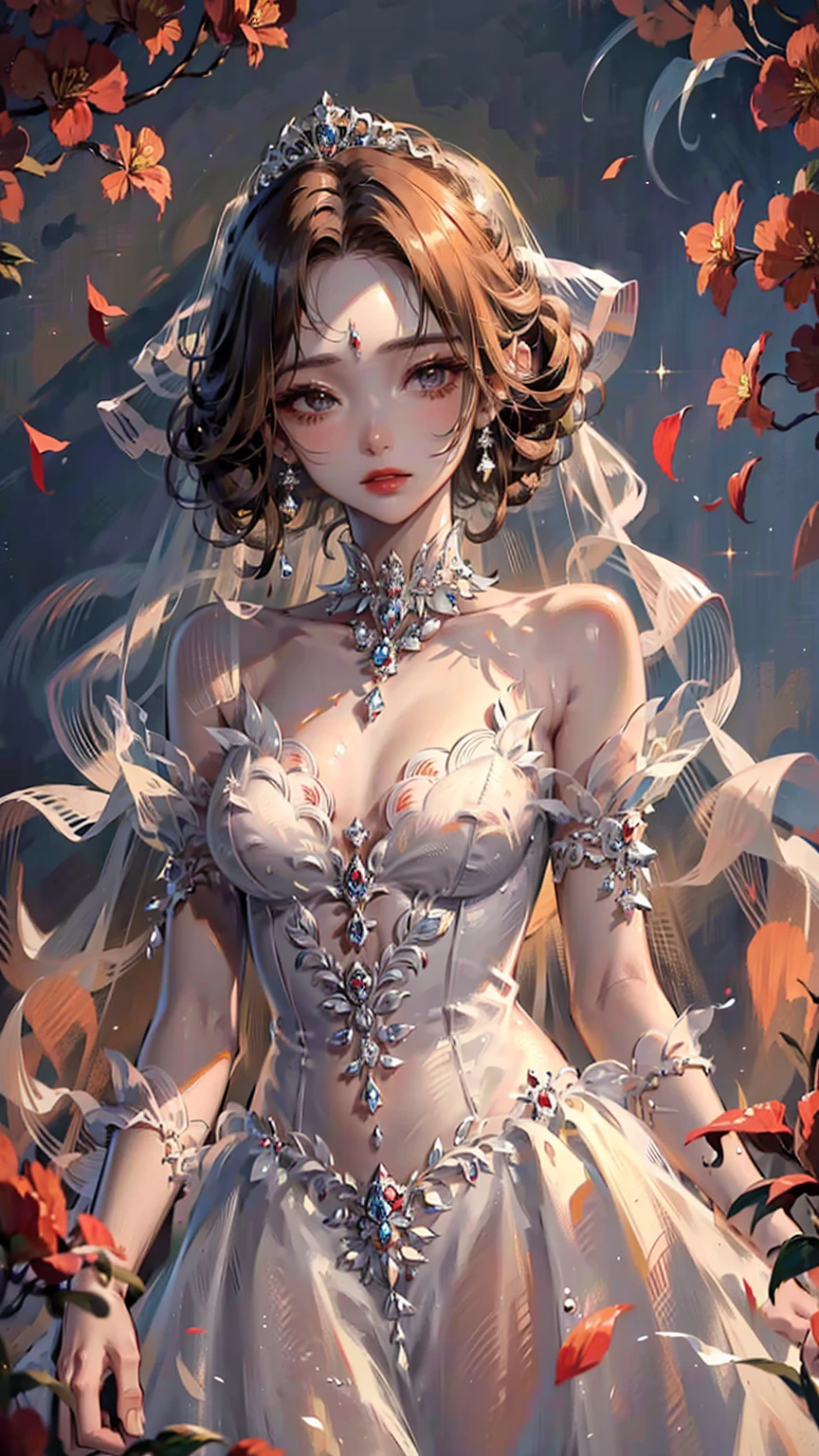 ((best quality)), ((masterpiece)), ((Romance Fantasy)), ((illustration)), (detailed), (clear), (Perfect), 1 woman, , upstage, expressionless, orange curly hair, tanned skin, Vermilion eyes, abundant eyelashes, Twinkle, red lips, big bust, small waist, lush white wedding dress, diamond tiara, Veils, holding a bouquet, Standing in an elegant posture, A sideways glance