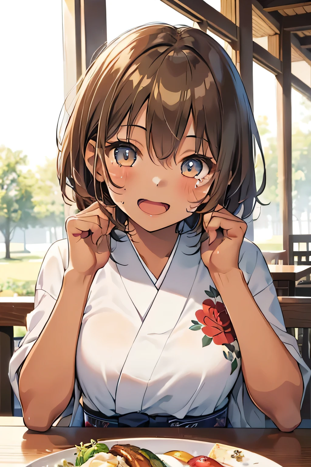 quality　Mikoto rose.　kimono　　　cool look　　　　１６Year　　in the room　Outside　Armpit sweat　lawn　　An enthusiastic face　((on the table)), (1 girl:2.0), (The facial details are especially rich, smile), Short hairstyles, Brown hair, little ones), (Japanese girl, The face is a little round, (Tanned face:1.6), well done, big eyes