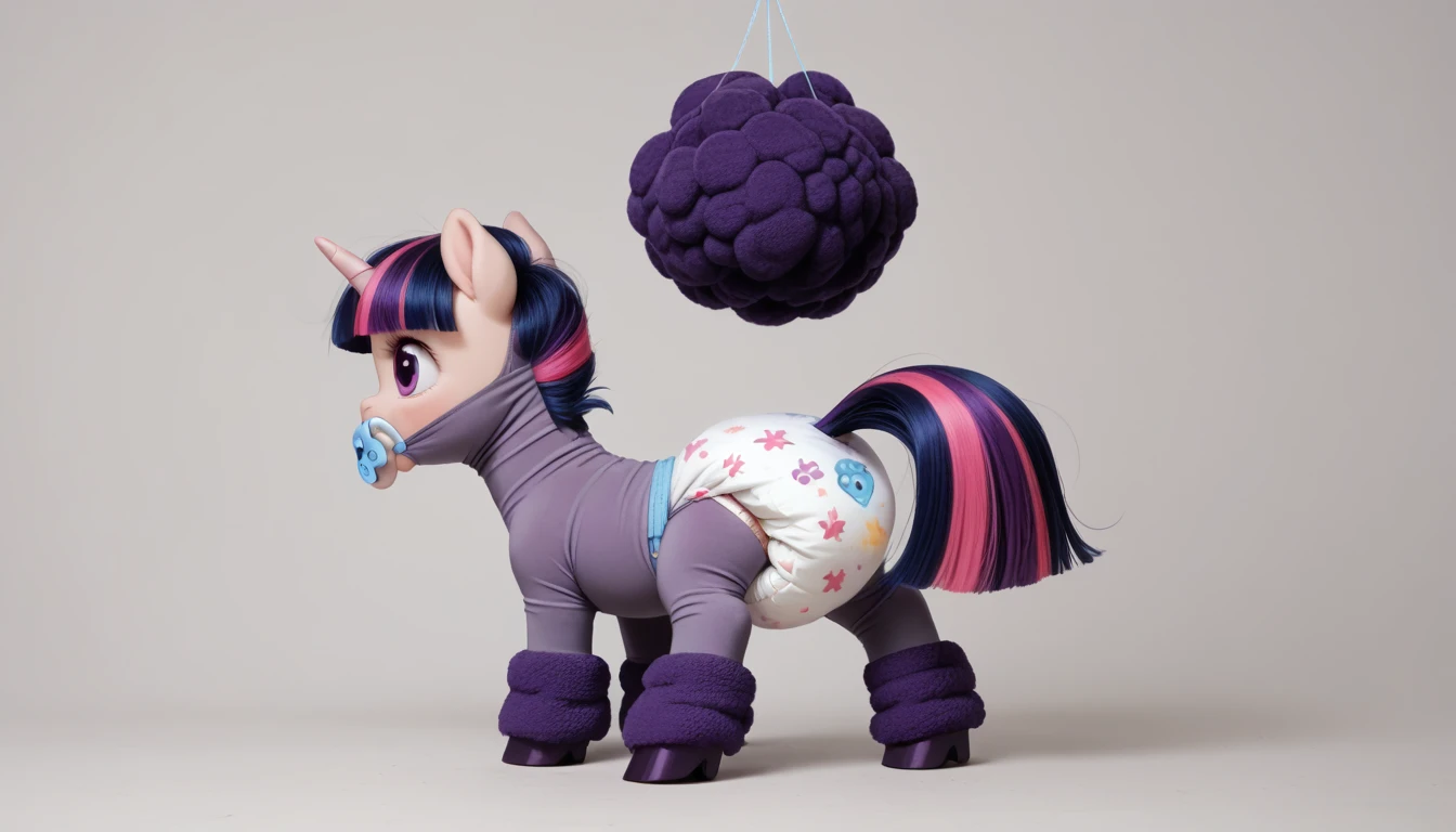 pony, Unicorn, purple wool, dark blue mane with purple streak and pink streak, the tail is dark blue with a purple strand and a pink strand, purple eyes, adult filly, stands on four hooves, rear hooves spread wide apart, dressed in a bodysuit and booties, baby pacifier in mouth, solo, thick diaper under clothes.