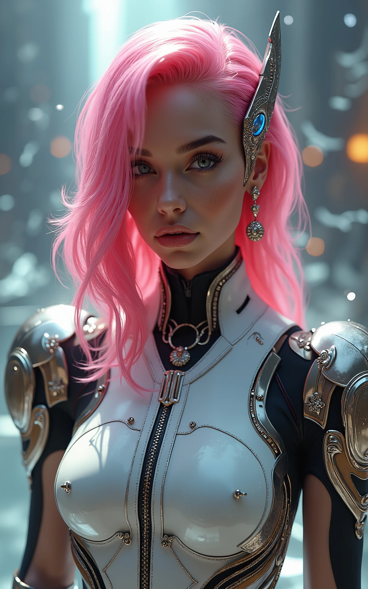 8k portrait of beautiful (cyborg) with pink hair, (Dua Lipa) , mecha musume scifi body suit, pauldrons, intricate, elegant, highly detailed, majestic, digital photography, art by artgerm and ruan jia and greg rutkowski surreal painting reflective, hairpin jewel, broken glass, (masterpiece, sidelighting, finely detailed beautiful eyes: 1.2), hdr,