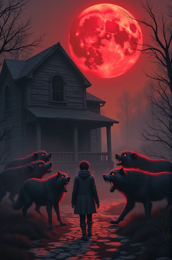 Old residence and a blood-colored moon , zombie wolves attack and bite you, 