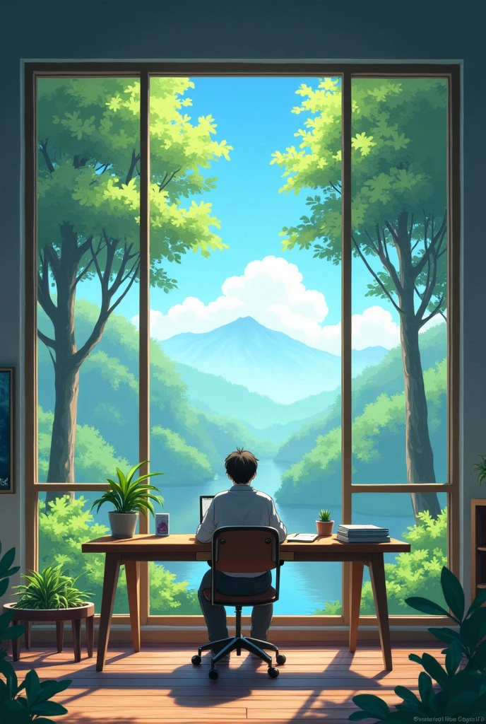 an anime-style working room with a large wooden desk placed near a wide-open window. The view outside reveals a tranquil forest with tall trees and soft rays of sunlight filtering through the leaves. The room is minimally furnished, with just a few books and a potted fern on the desk. The light blue sky outside adds a calming effect, blending harmoniously with the gentle green tones of the forest.