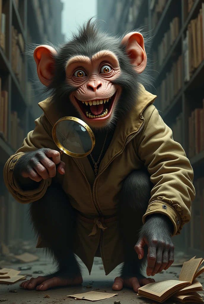 Macaque dressed as a homeless person looking for unpublished content with a magnifying glass and with a crazy smile as if he saw a naked woman