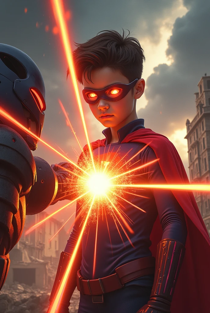 The Young Hero’s Laser Vision
"Create a dynamic scene where the young superhero is using his laser vision to target Darkstrike. His eyes glow with intense energy as twin beams of light shoot out, aimed directly at the villain. Darkstrike, in his dark armor, is seen attempting to deflect the beams with a forcefield, but the impact causes cracks to form in the shield. The background shows the city in ruins, with dark clouds overhead, emphasizing the high stakes of the battle."