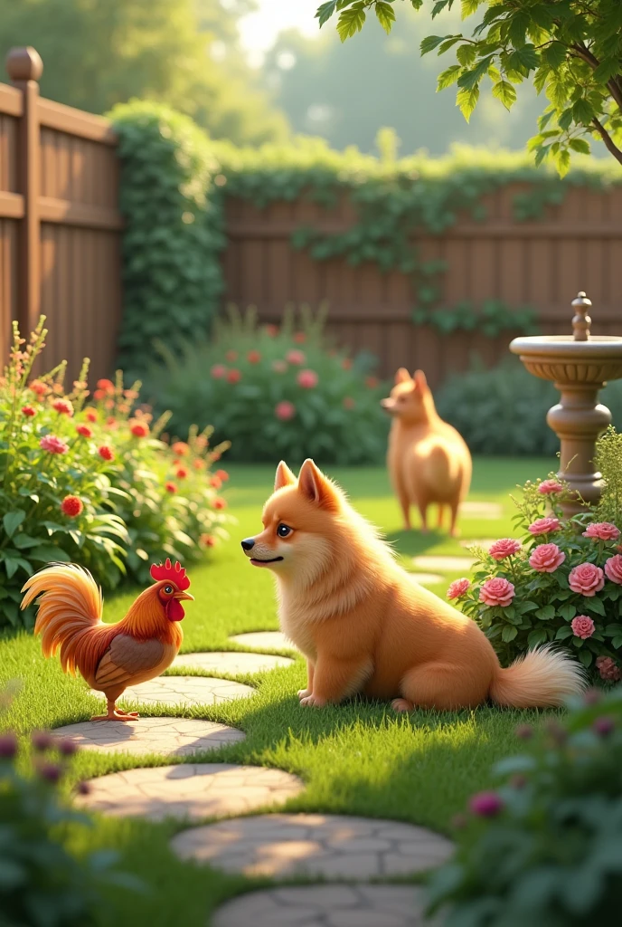 make an image of a residential garden with a honey-colored POMERANIAN dog; along with a female GOLDEN RETRIEVER dog, with honey colored fur lying down; and a small brown rooster of the garnizé breed