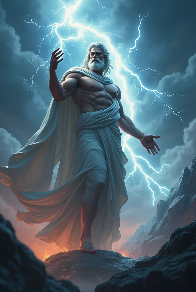 zeus rising amidst the chaos holding a lightning bolt