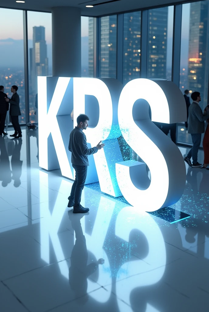 A huge glowing 3D logo of KRS kept on white floor and an Engineer touching logo and creating glowing waves on logo's surface in the backside a big window showcasing skyscraper and employees arounded with big office