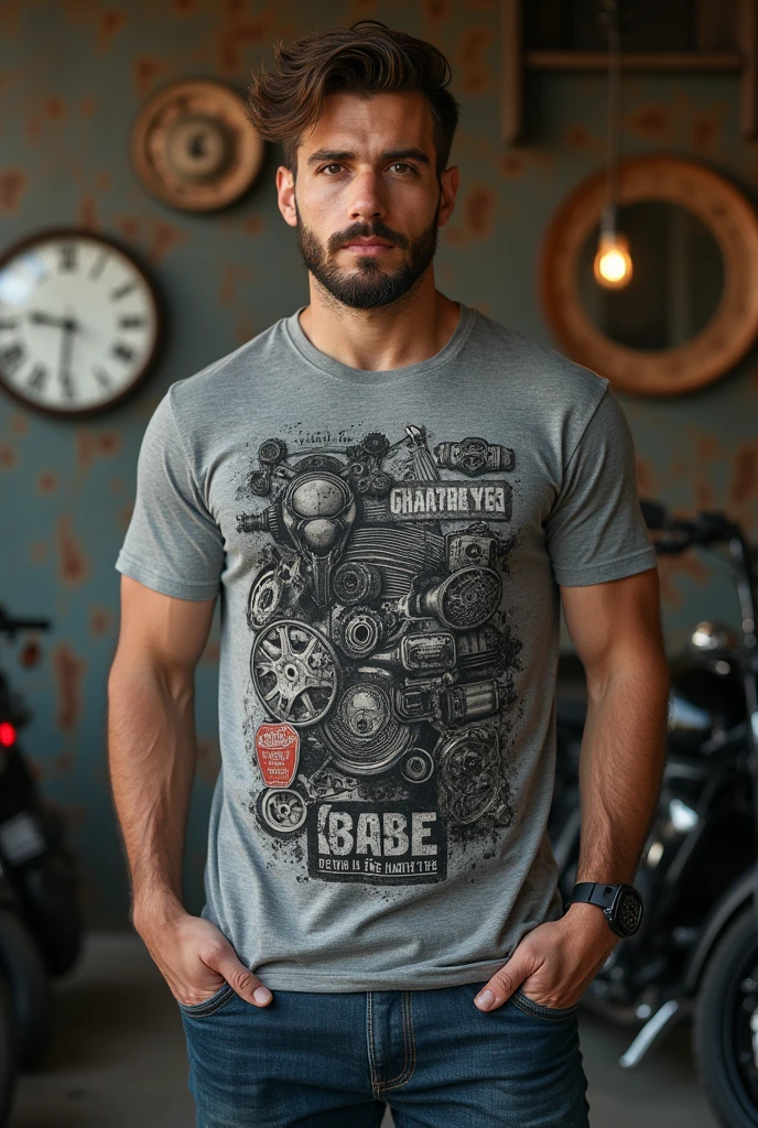 GREY T-shirt with BIKER GARAGE print allusive to motorcycles