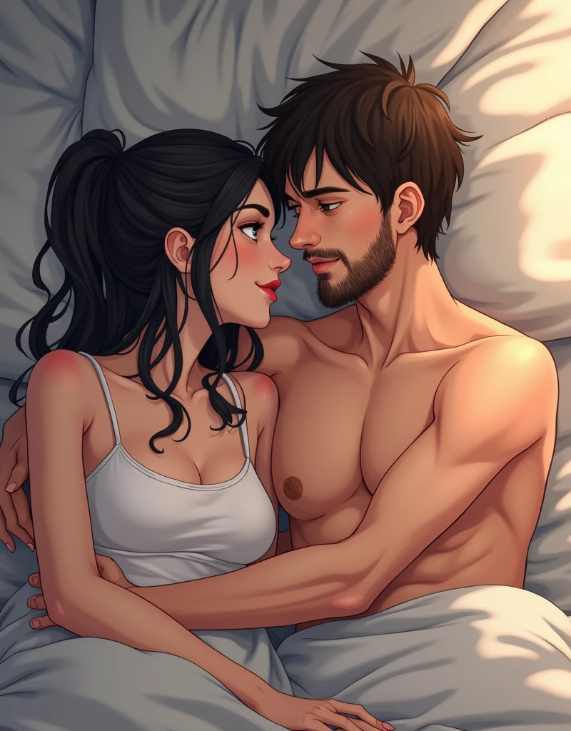 Create a anime style landscape image. A young woman with black hair and brown eyes having "nude sex" on the bed with a young man with brown hair and dark beard.