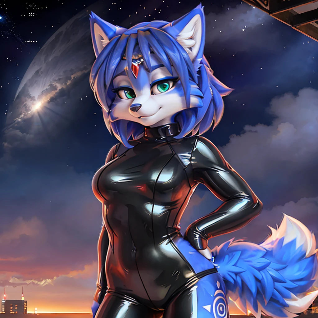 A beautiful and detailed (sweet picture) wa ((krystal)), Star Fox krystal, sslim, lovable, green eyes, medium breasts, (((Long blue hair 1.3))), Decollete, anthro, furry, Uploaded E621, detailed fluffy fur, (wa Fluff-Kevlar, Bayard Wu, Pino Daeni), detailed face, (fluffy), 1 girl, alone, sweet girl, Wearing a latex bodysuit, BDSM Latex Gimp Suit, tight latex full body suit, form-fitting, Seductive pose, Serious expression, detailed latex, Kamelzehe, bottom view, Stand, she spreads her ass cheeks, hold her buttocks