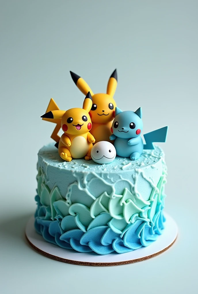 Small round cake decorated with blue chantilly tinged with light blue and green with chantilly pokemons