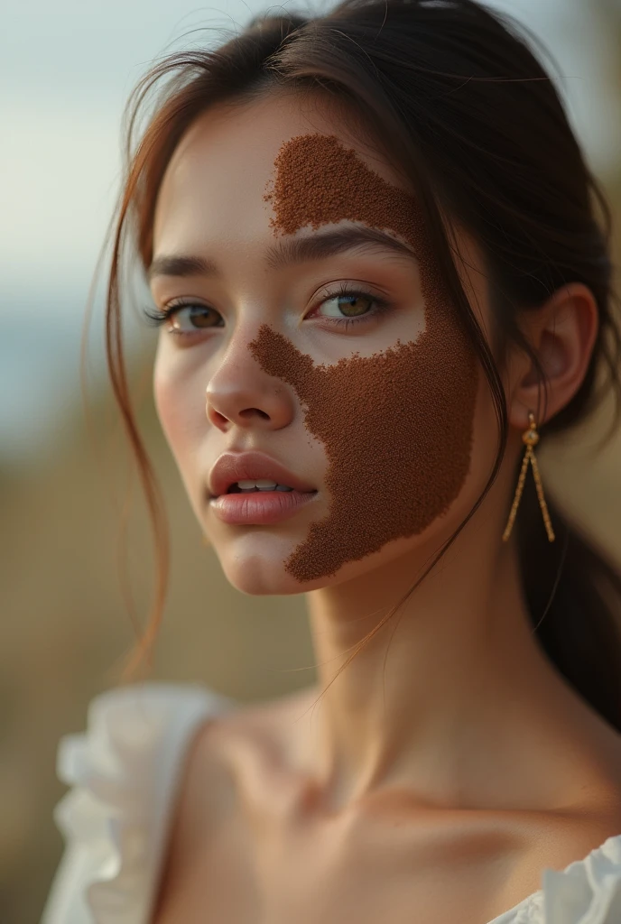 Real female model creative and aesthetic shoot with applied coffee face mask on half face