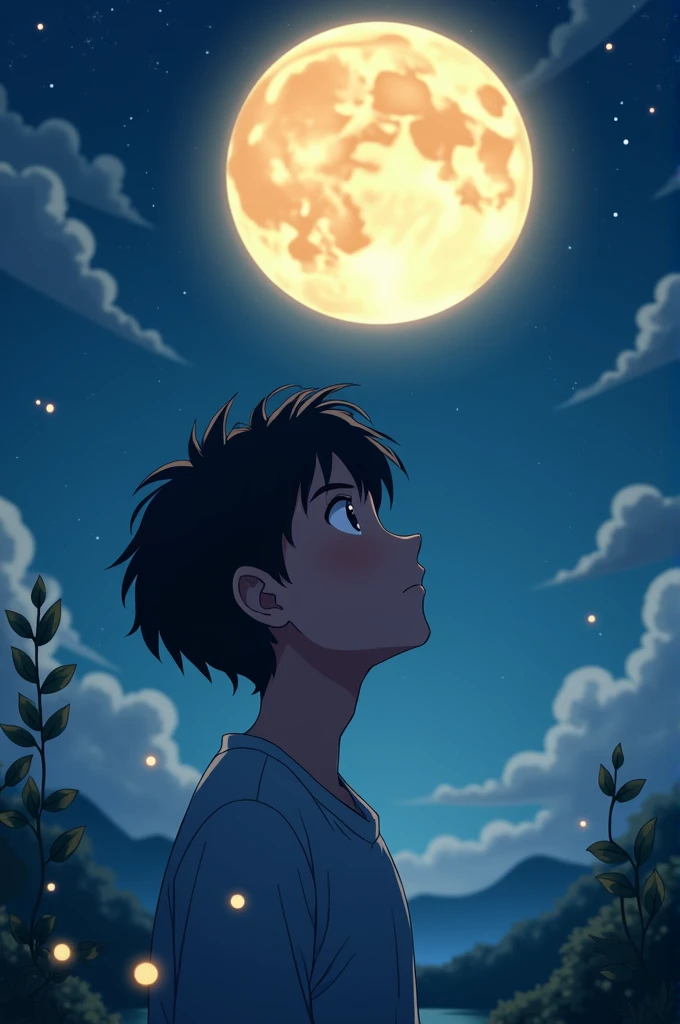 A anime boy seeing in the moon at night